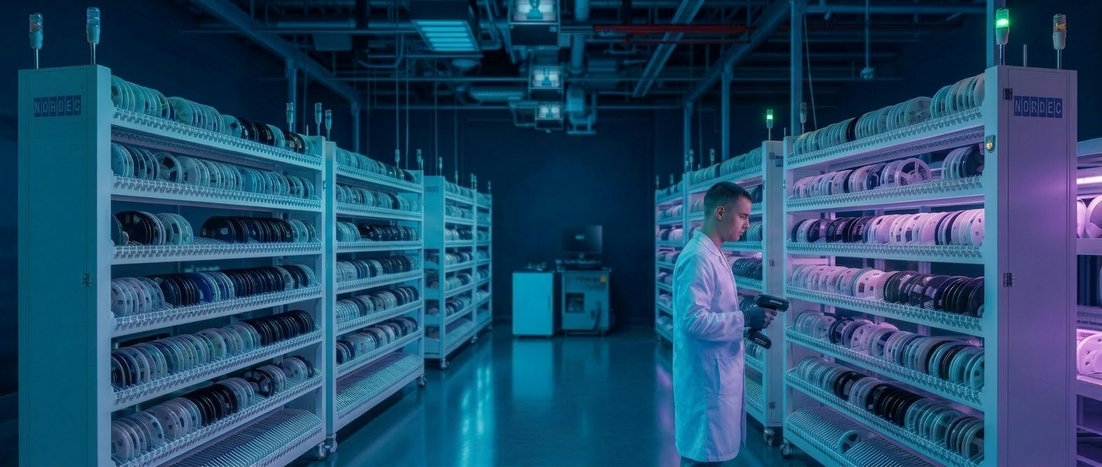 Operators picking reels in an SMT facility lit by Nordec smart racks